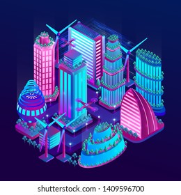 The futuristic night city is illuminated by neon lights in isometric style. The concept of future city with skyscrapers, windmills, drones. Vector illustration.