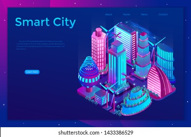 Futuristic night city is illuminated by neon lights in isometric style. The concept of smart city with skyscrapers, windmills, drones. Landing page template. Vector illustration.