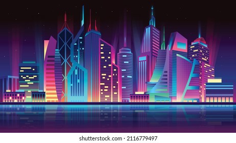 Futuristic night city illuminated by neon lights. Modern buildings and skyscrapers. Vector illustration.