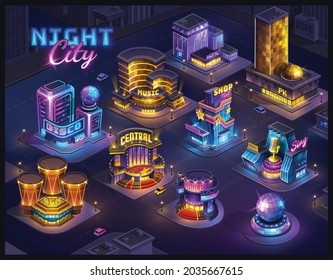 Futuristic Night City. Isometric Neon Cityscape In The Dark Background. Map For Game Screen. Vector Buildings Landscape For UI Interface