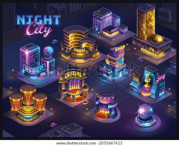 Futuristic night city. Isometric neon cityscape\
in the dark background. Map for game screen. Vector buildings\
landscape for UI\
interface