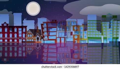 Futuristic night city reflecting in water vector illustration. Future cityscape on a dark background with bright and glowing neon purple and blue lights and full moon.