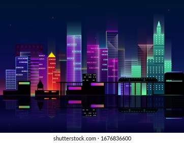 Futuristic Night City. City Skyline On A Dark Background With Bright And Glowing Neon Purple And Blue Lights.