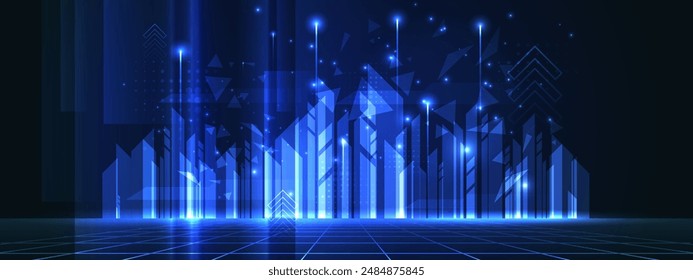 Futuristic night city template. Horizontal dark background with glowing neon blue lights. Vector illustration.
