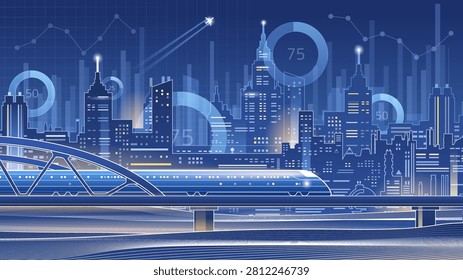 A futuristic night cityscape with a high-speed train on a bridge, featuring glowing skyscrapers, financial data graphs, charts, and a flying airplane in a digital blueprint style.