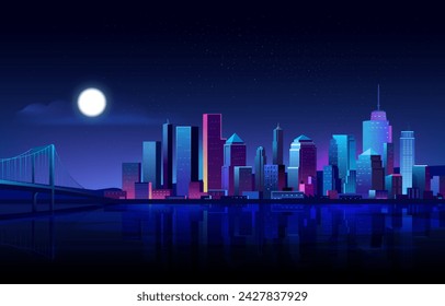 Futuristic night cityscape. Cityscape on a dark background with full moon, bright and glowing neon purple and blue lights