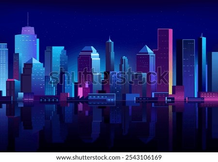 Futuristic night cityscape. Cityscape on a dark background with full moon, bright and glowing neon purple and blue lights.
