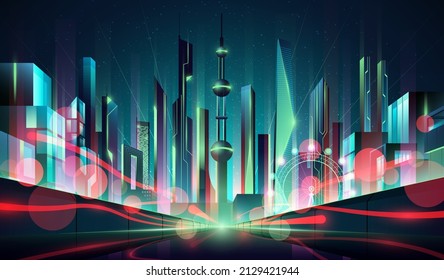 Futuristic night cityscape on a neon skyline background with glowing neon light. Highway perspective view. Cyberpunk and retro wave style, vector illustration.