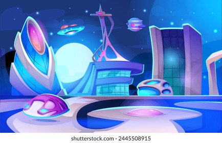 Futuristic night cityscape. Urban architecture with glowing buildings of unusual shape and flying cars. Metaverse and cyberpunk town. Panorama with city of future. Cartoon neon vector illustration