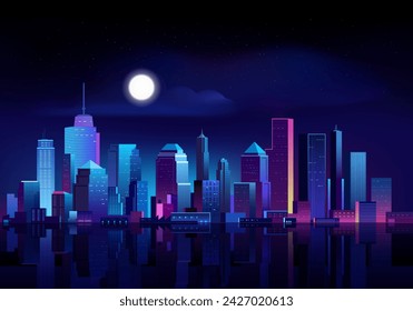 Futuristic night cityscape with water reflex, full moon, glowing neon purple and blue background lights.