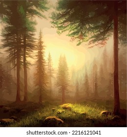 Futuristic night landscape with abstract forest landscape. Dark scene of natural forest with reflection sunbeams. Gloomy forest with scary trees vector illustration. Night fog forest nature background