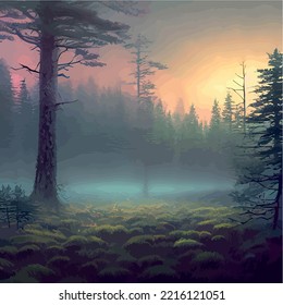 Futuristic night landscape with abstract forest landscape. Dark scene of natural forest with reflection sunbeams. Gloomy forest with scary trees vector illustration. Night fog forest nature background