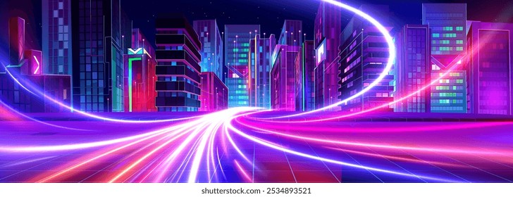 Futuristic night metaverse tech city with neon glowing skyscrapers tower, curve vibrant light trails of high speed car movement. Cyberpunk urban landscape with illuminated buildings in surreal colors.