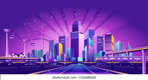 The futuristic night resort city is illuminated by neon lights and light rays, traffic, roads, bridges, estokadas and suspended cable car,