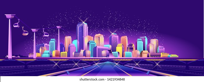 The futuristic night resort city is illuminated by neon lights and light rays, traffic, roads, bridges, estokadas and suspended cable car,