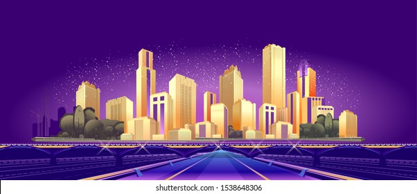 The futuristic night resort city is illuminated by neon lights and light rays, traffic, roads, bridges, estokadas and suspended cable car,