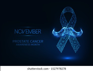 Futuristic November -prostate cancer awareness month web banner template with glowing low polygonal ribbon, mustaches and text on dark blue background. Modern wireframe design vector illustration