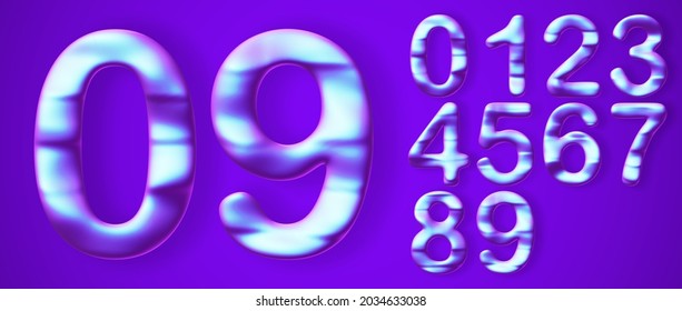 Futuristic numbers in cryptocurrency, blockchain or information technology style. Abstract digital numbers 0, 1, 2, 3, 4, 5, 6, 7, 8, 9 on blue background. Set of 3D digits, vector illustration.