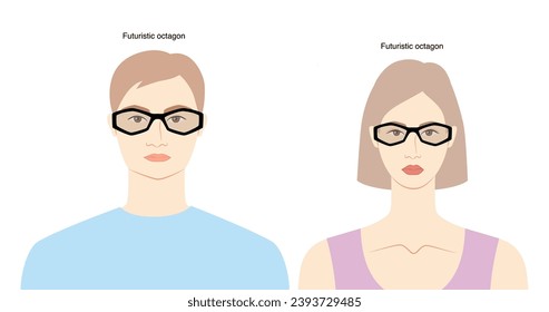 Gafas de marco Octagon futurista en la ilustración de accesorios de moda de caracter plano para mujeres y hombres. Vista frontal de vidrio solar estilo de silueta unisex, anteojos de espectáculos con esbozo de lente aislado en blanco