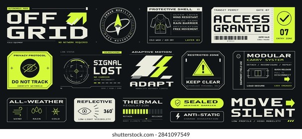 Futuristic off-grid mobility graphic set with bold technical labels, warning badges, modular gear symbols and lime accents on a dark background in a modern vector style