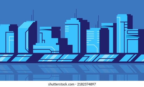 Futuristic office buildings on a modern city background. Horizontal city view illustration.