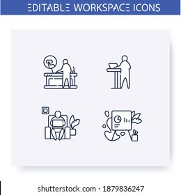 Futuristic office innovations line icons set. Smart table, biohilic design, standing work and more. Healthcare technologies. Workplace in future concept. Isolated vector illustrations.Editable stroke 