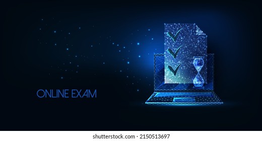 Futuristic online exam, testing concept with glowing computer, document with ticks and hourglass 