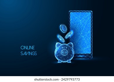 Futurista Concepto de ahorro financiero en línea con brillante smartphone poligonal bajo, hucha y monedas que caen aisladas sobre fondo azul oscuro. Diseño abstracto moderno ilustración vectorial digital 