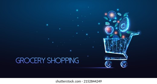 Futuristic online grocery shopping concept with glowing shopping cart full of fruits and vegetables