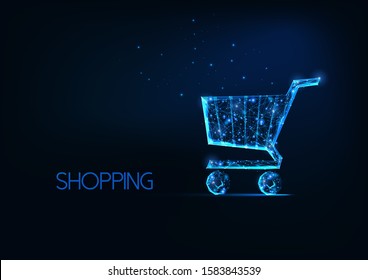 Futuristic Online Shopping Concept With Glowing Low Polygonal Shopping Cart Isolated On Dark Blue Background. Modern Wire Frame Mesh Design Vector Illustration.