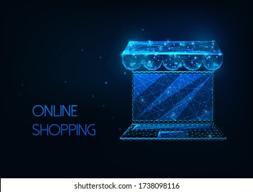 Futuristic online shopping concept with glowing low polygonal laptop isolated on dark blue background. 