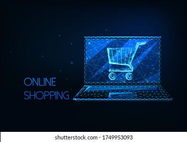 Futuristic online shopping concept with glowing low polygonal laptop and shopping cart isolated on dark blue background. Modern wire frame mesh design vector illustration.