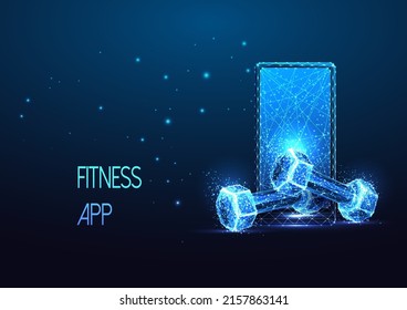 Futuristic online training, workout concept with glowing smartphone and dumbbells on dark blue