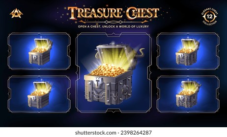 Futuristic Open Treasure Chests Collection With Gold Coins -Unveiling a Realm from Basic to Upgraded Levels for RPG, Fantasy, and Medieval Games-Vector illustration Design