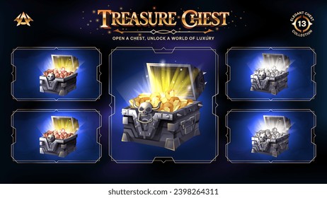 Futuristic Open Treasure Chests Collection With Gold Coins -Unveiling a Realm from Basic to Upgraded Levels for RPG, Fantasy, and Medieval Games-Vector illustration Design