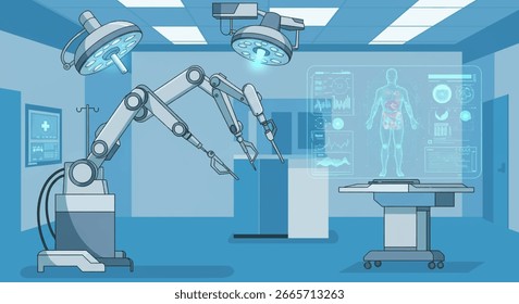 Ein futuristischer Operationssaal verfügt über einen chirurgischen Roboterarm, fortschrittliche medizinische Displays und chirurgische Lichter.