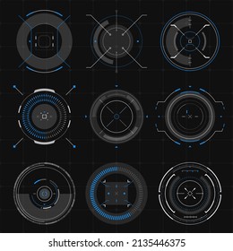 Futuristic optical aim, HUD compass, collimator sight, targets focus, military aim system, pointers, targets infographic vector elements. Sci Fi user interface. Elements of HUD game navigation