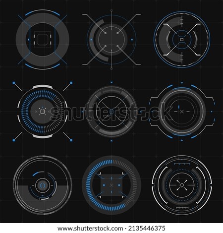 Futuristic optical aim, HUD compass, collimator sight, targets focus, military aim system, pointers, targets infographic vector elements. Sci Fi user interface. Elements of HUD game navigation