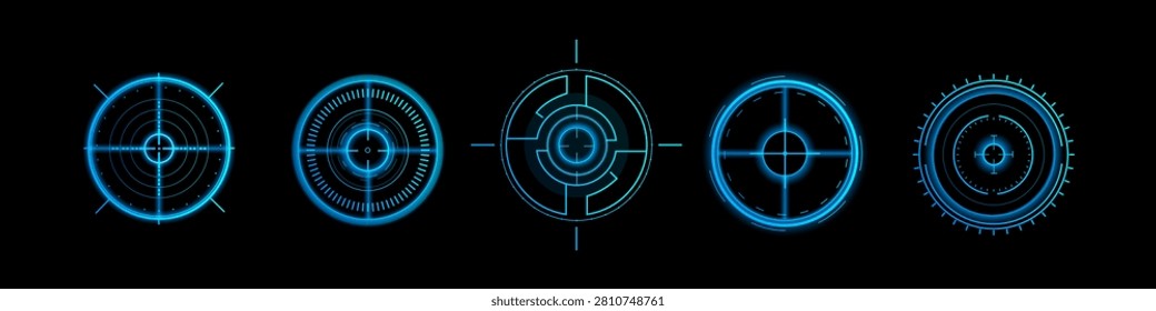 Futuristic optical aim HUD frames set isolated on black background. Vector realistic illustration of neon blue targeting interface, digital design elements, sci-fi tech holographic circles for game ui