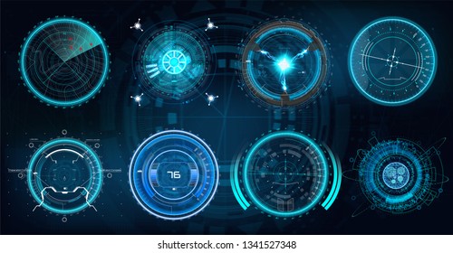 Futuristic optical aim in HUD style. Military collimator sight, gun targets focus range indication. Sniper weapon target hud aiming modern accuracy crosshairs. Future weapon radar technology set