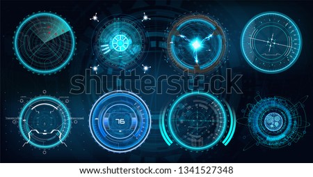 Futuristic optical aim in HUD style. Military collimator sight, gun targets focus range indication. Sniper weapon target hud aiming modern accuracy crosshairs. Future weapon radar technology set