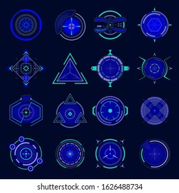 Futuristic optical aim. Ui technology aiming, weapon military futuristic sights and weapon target, sniper crosshair game collimator, future targets focus vector set. HUD technology future elements