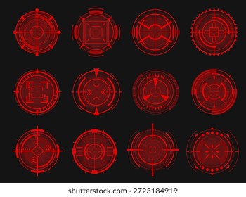 Objetivos ópticos futuristas. Miras vermelhas para armas de fogo. Ícones HUD. Simulador militar. Alvo neon. Interface de Usuário Sci-Fi. Símbolos de jogo redondos. Visor da câmara. Mira de olho-de-bala. Conjunto de vetores de indicações de intervalo de foco