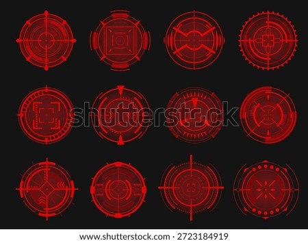 Futuristic optical aims. Red sights for firearms. HUD icons. Military simulator. Neon target. Sci-Fi UI. Round game symbols. Camera viewfinder. Bullseye crosshair. Focus range indications vector set