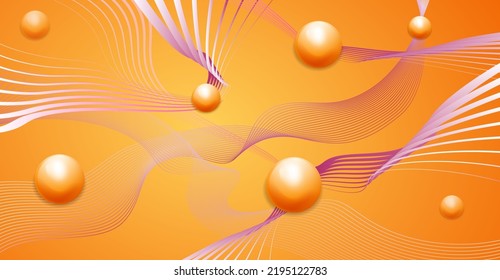 Futuristic orange background with abstract lines and 3D beads
