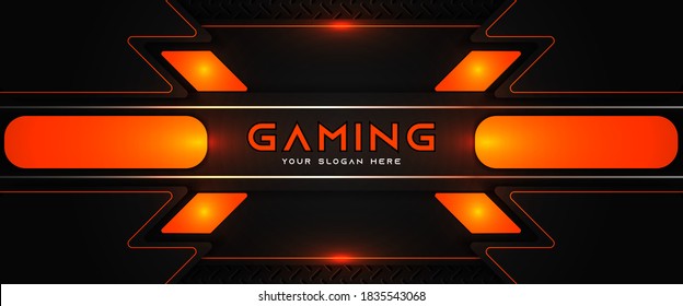 Futuristic orange and black abstract gaming banner design template with metal technology concept. Vector layout for business corporate promotion, game header social media, live streaming background