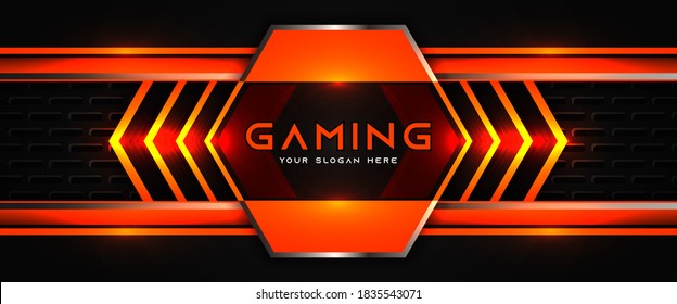 Futuristic orange and black abstract gaming banner design template with metal technology concept. Vector layout for business corporate promotion, game header social media, live streaming background