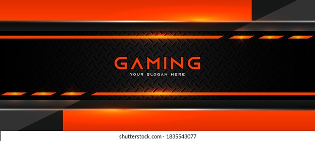 Futuristische orange und schwarz abstrakte Spielbanner Design-Vorlage mit Metalltechnologie-Konzept. Vektorgrafik-Layout für Unternehmenswerbung, Spiel-Kopfzeilen in sozialen Medien, Live-Streaming-Hintergrund