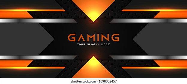 Futuristic orange and black abstract gaming banner design template with metal technology concept. Vector graphic for business corporate promotion, game header social media, live streaming background