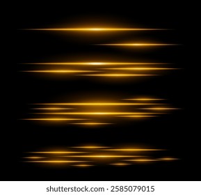 Futuristic orange light streaks set. Glowing horizontal laser beams motion blur on a dark background. Sci-fi energy lines, cyberpunk style, digital speed effects, and modern technology aesthetics.